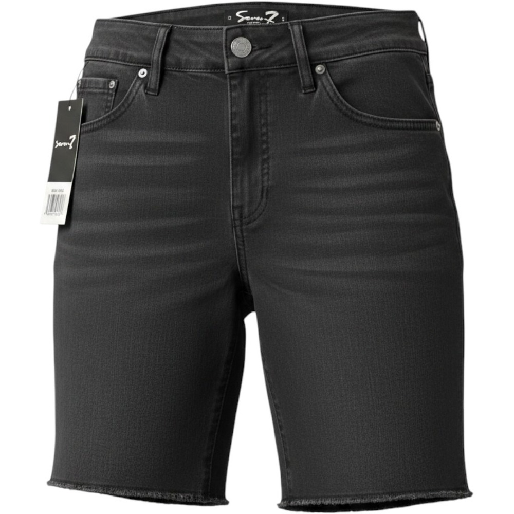 Seven7 Women Relaxed Bermuda Denim Shorts Washed Black Mid Rise Fray Hem Size 6